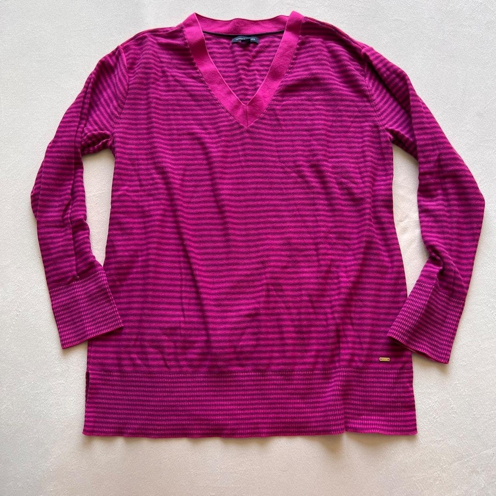 Tommy Hilfiger Pink Striped Long Sleeve Vneck Shirt Sweater Designer Fall